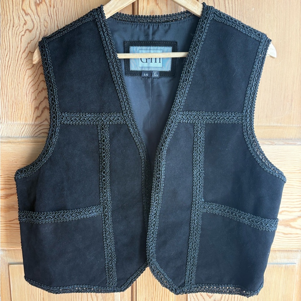 G-III Black Suede Vest with Braided Trim | Large